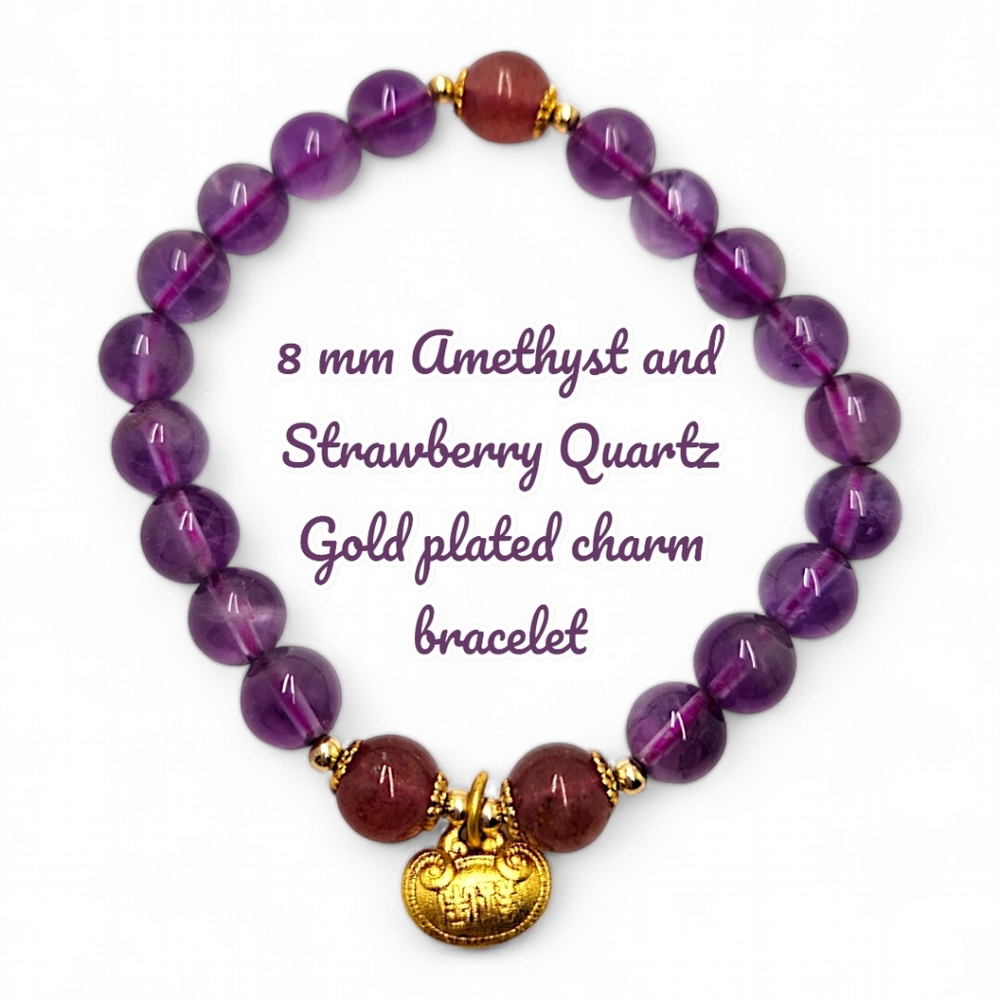 8 mm Amethyst and Strawberry Quartz Gold plated charm bracelet
